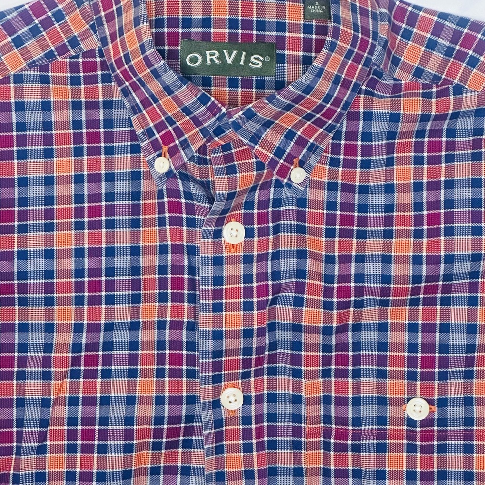 Orvis Plaid Button-Down Shirt in Navy, Orange & White